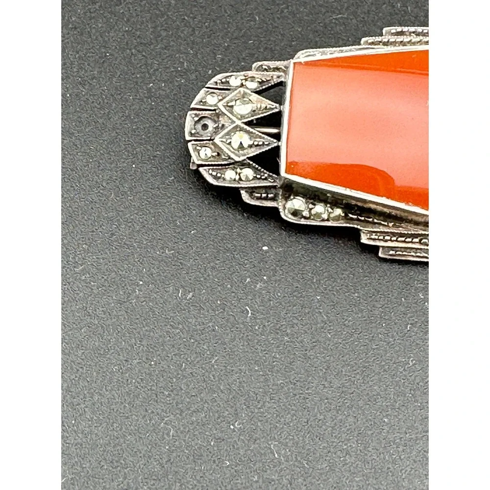 Vintage Art Deco 1920s Carnelian Sterling Silver Marcasite Brooch Pin Germany